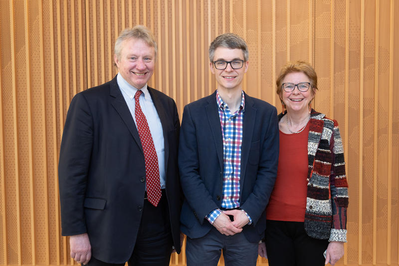 Associate Professor Stephan Uphoff with representatives from the Lister Institute, Professor Sir Alex Markham (Chairman) and Dr. Sally Burtles (Director)