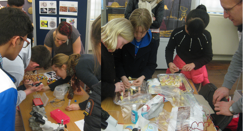 Left: Helena Taberman making crystals with A-level students. Right: Michael Jacobsen helps with the construction of crystal lattices at the Yellow Magic event on 18th March. Photographs courtesy of the Museum of History of Science