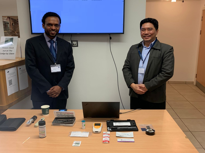 Bevin Gangadharan and Yohan Arman at Jesus College demonstrating how low cost methods and mass spectrometry can be used to detect falsified vaccines. Photo credit: Julia Gabel, NDM.